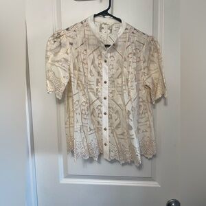 Anthropologie Lace Button-Front Short Sleeve Top